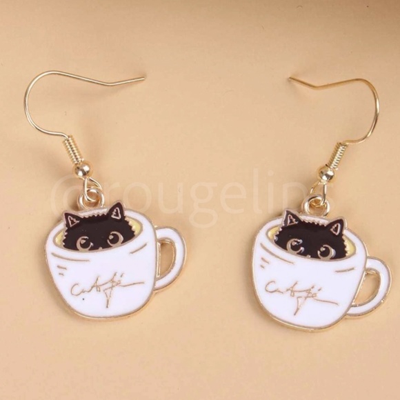 Rouge! Jewelry - Coffee Cup Cat Kitty Shape Gold Tone Dangle Drop  Earrings Black White